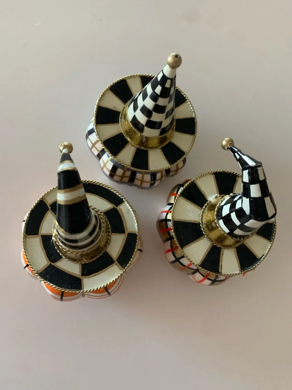 MacKenzie Childs mini pumpkin trio with witch hats